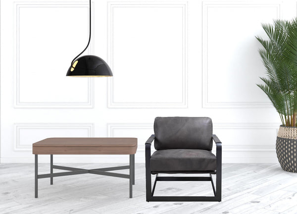 Homeroots 28" Gray Black Top Grain Leather And Steel Solid Color Arm Chair   486584