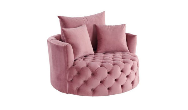 Homeroots 43" Pink Velvet Tufted Swivel Barrel Chair And Toss Pillows   486596