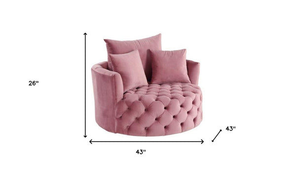 Homeroots 43" Pink Velvet Tufted Swivel Barrel Chair And Toss Pillows   486596