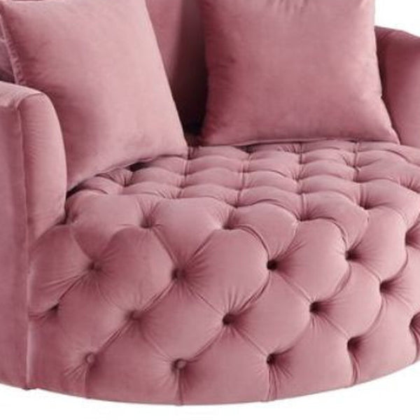 Homeroots 43" Pink Velvet Tufted Swivel Barrel Chair And Toss Pillows   486596