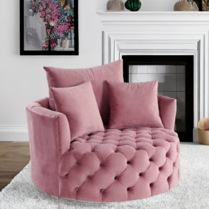 Homeroots 43" Pink Velvet Tufted Swivel Barrel Chair And Toss Pillows   486596