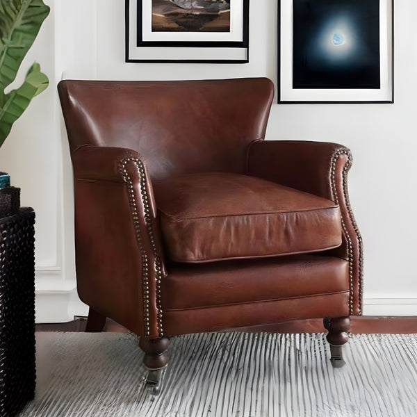 Homeroots 24" Dark Brown Top Grain Leather Wingback Chair   486598