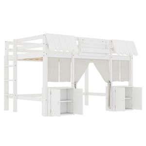 English Elm Full Loft Bed With Bookshelf & Storage - Amusement Park Design, Safety Guardrails, Cozy White Finish W1580S00358
