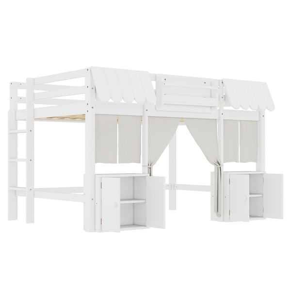 English Elm Full Loft Bed With Bookshelf & Storage - Amusement Park Design, Safety Guardrails, Cozy White Finish W1580S00358