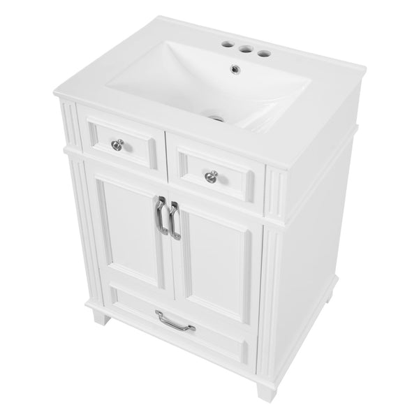 English Elm 24'' Retro Bathroom Vanity Solid Rubberwood Frame Ceramic Sink Soft Close Storage White N710P405405K