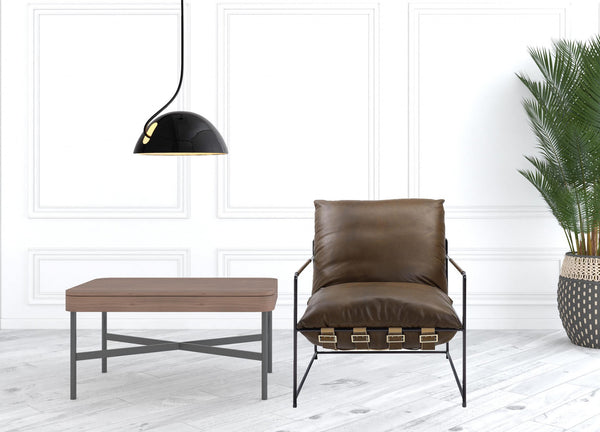 Homeroots 27" Brown Top Grain Leather And Steel Solid Color Lounge Chair   486602