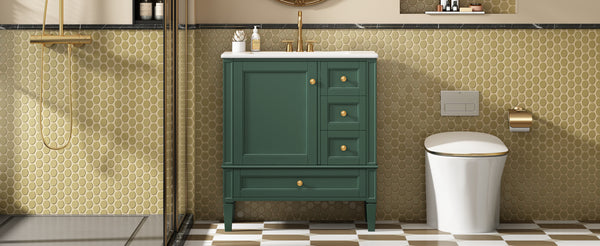 English Elm 30 30 Inch Bathroom Vanity with Ceramic Sink, Modern Compact 3-Drawer Storage Cabinet for Small Baths Green N710P247499F