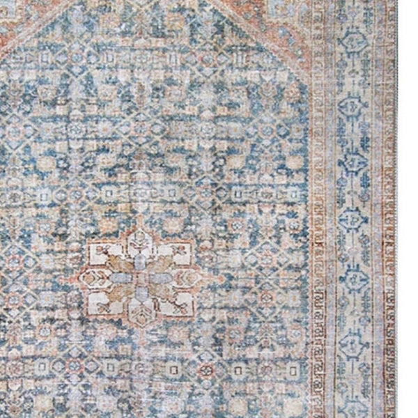 HomeRoots 6' Timeless Blue and Red Oriental Area Rug - Durable, Stain-Resistant Design for Elegant Homes 6' X 9' 486612