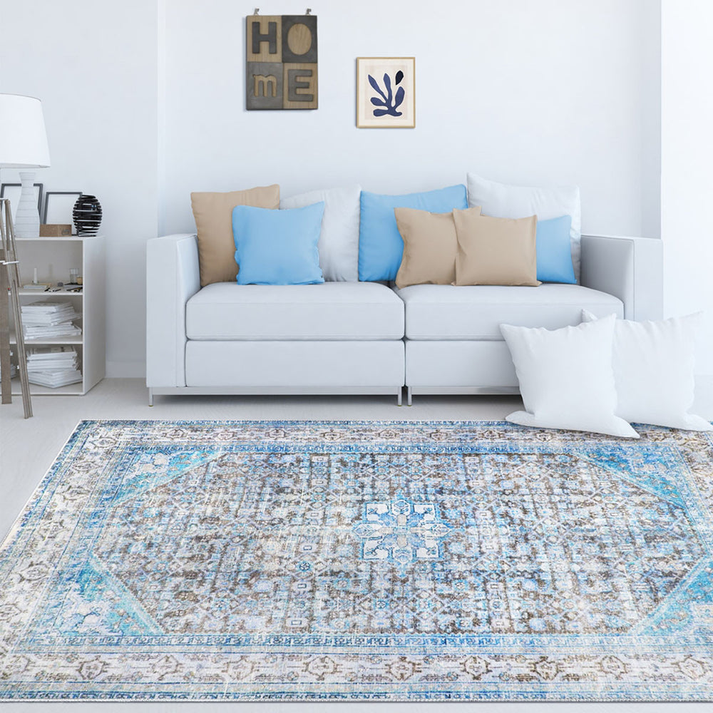 Homeroots 5' X 7' Shades Of Azure Oriental Medallion Stain Resistant Area Rug  Polyester 486613