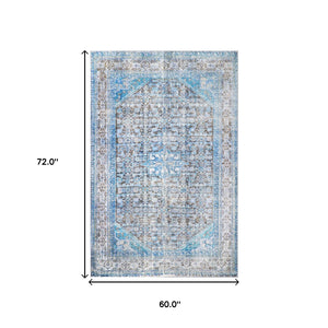 Homeroots 5' X 7' Shades Of Azure Oriental Medallion Stain Resistant Area Rug  Polyester 486613