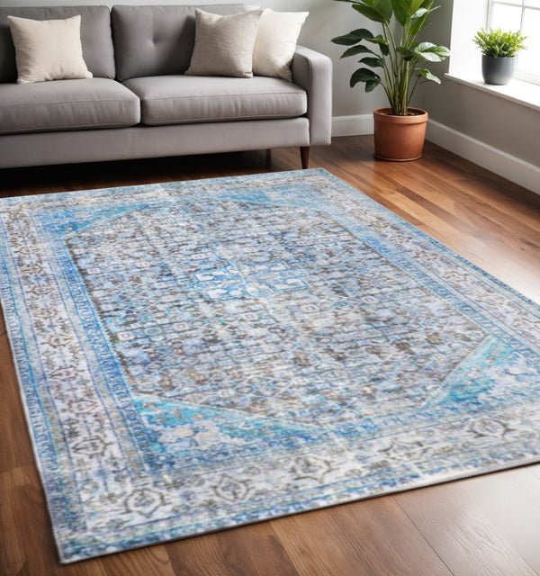 HomeRoots 6' Blue and Gray Oriental Area Rug - Durable, Stylish Design Perfect for Family Homes and High Traffic Areas 5' X 6' 486613