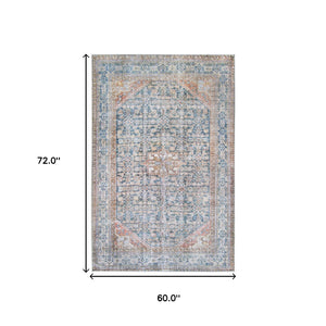 Homeroots 5' X 7' Latte And Blue Oriental Medallion Stain Resistant Area Rug  Polyester 486614