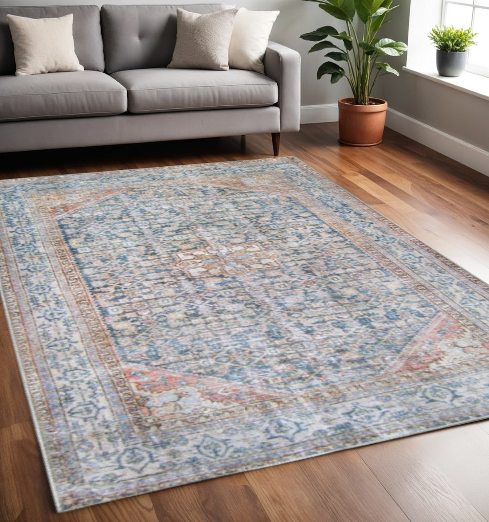 HomeRoots 6' Timeless Blue and Red Oriental Area Rug - Durable, Stain-Resistant Design for Elegant Homes 5' X 6' 486614