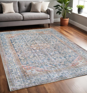 HomeRoots 6' Timeless Blue and Red Oriental Area Rug - Durable, Stain-Resistant Design for Elegant Homes 5' X 6' 486614