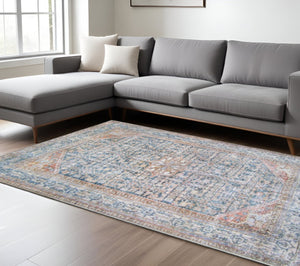HomeRoots 6' Elegant Blue and Red Oriental Area Rug - Stain-Resistant, Durable Design for Busy Homes 6' X 8' 486616