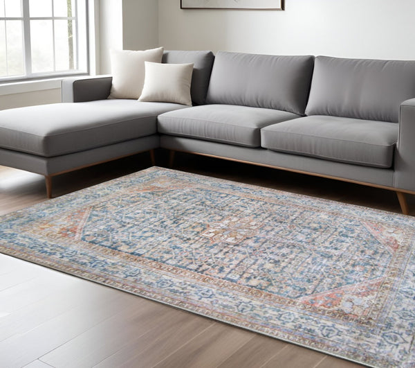HomeRoots 6' Elegant Blue and Red Oriental Area Rug - Stain-Resistant, Durable Design for Busy Homes 6' X 8' 486616