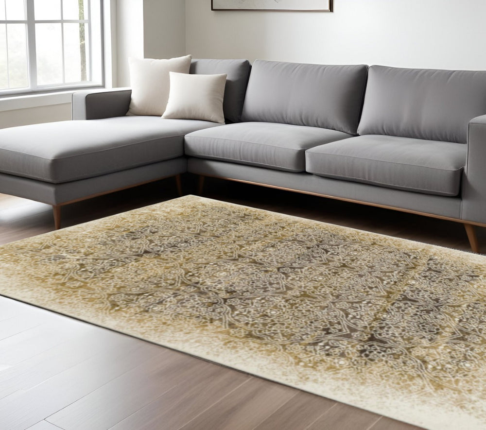 HomeRoots 8' Camel Medallion Area Rug - Stain Resistant, Power-Loomed for Durability and Timeless Elegance 8' X 10' 486647