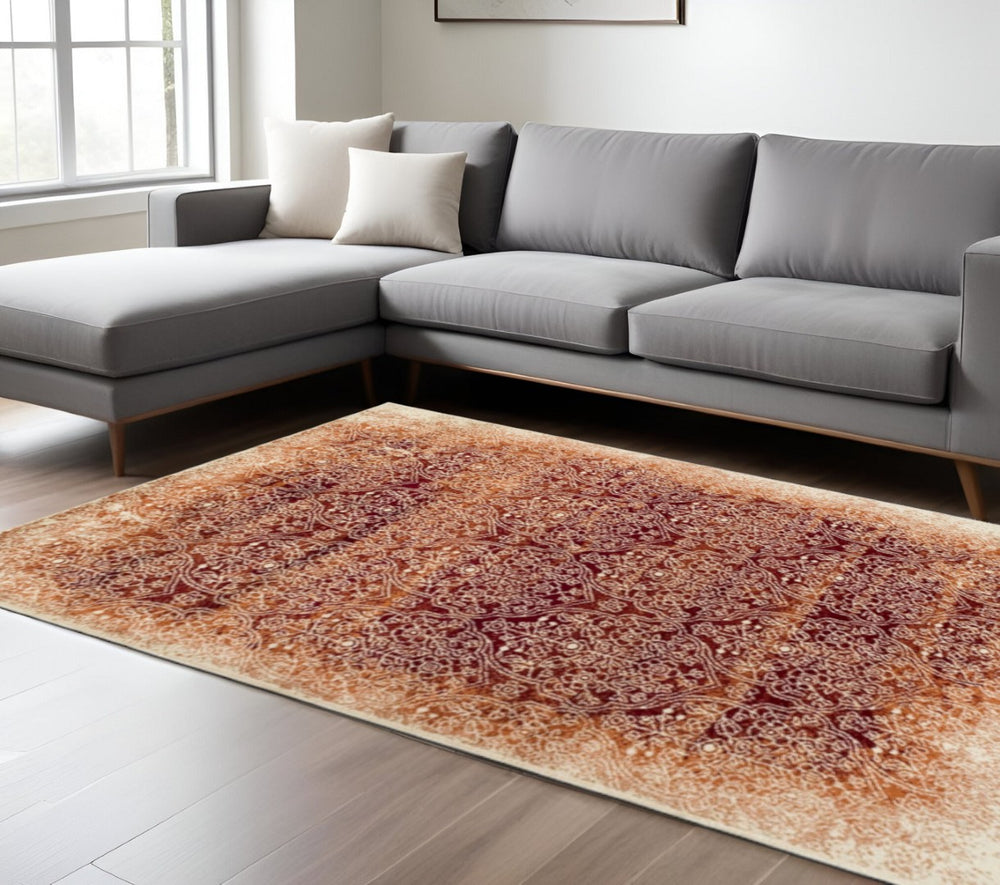 HomeRoots 8' Bold Orange-Red and Ivory Medallion Area Rug – Stain-Resistant, Stylish, and Durable for Homes 8' X 10' 486649