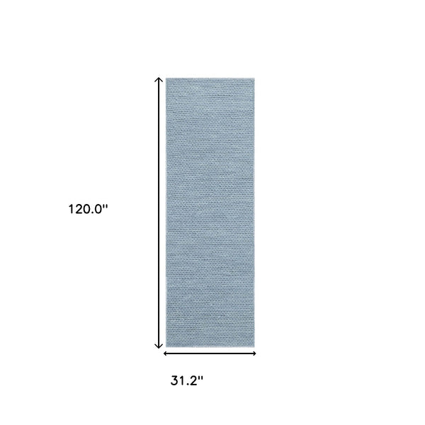 Homeroots 10'  Light Blue Wool Handmade Stain Resistant Runner Rug  Wool 486654