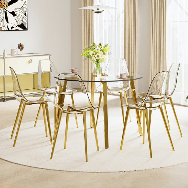English Elm Table Set: Modern Round Tempered Glass Dining Table With 6 Transparent Chairs & Gold Legs, Stylish! W1151S02865-GIGA