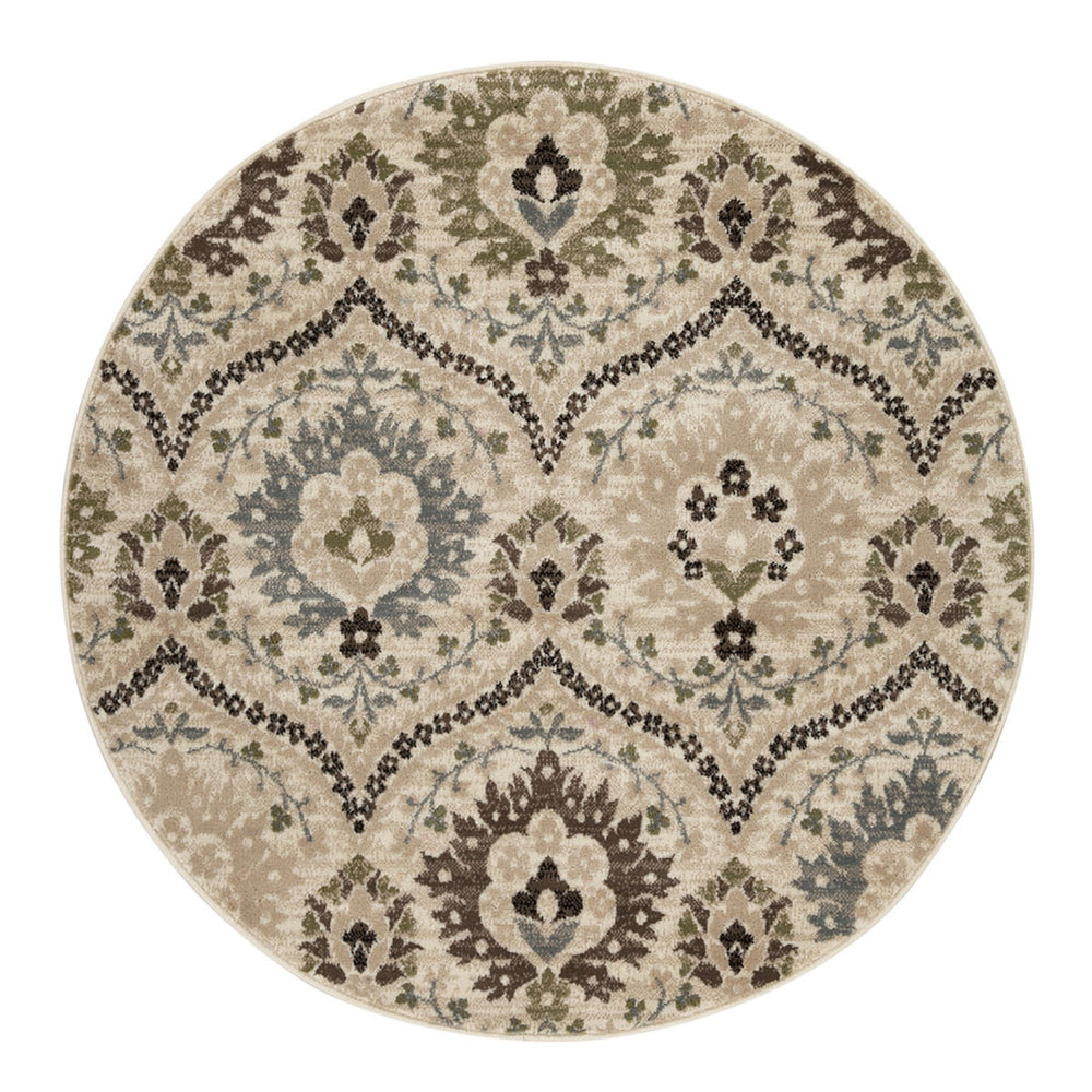 Homeroots 5' Round Ivory Gray And Olive Round Floral Stain Resistant Area Rug  Polypropylene 486700