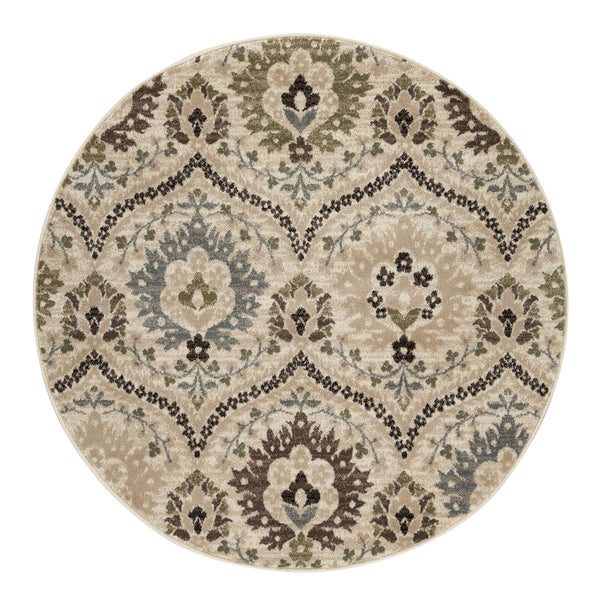 Homeroots 5' Round Ivory Gray And Olive Round Floral Stain Resistant Area Rug  Polypropylene 486700