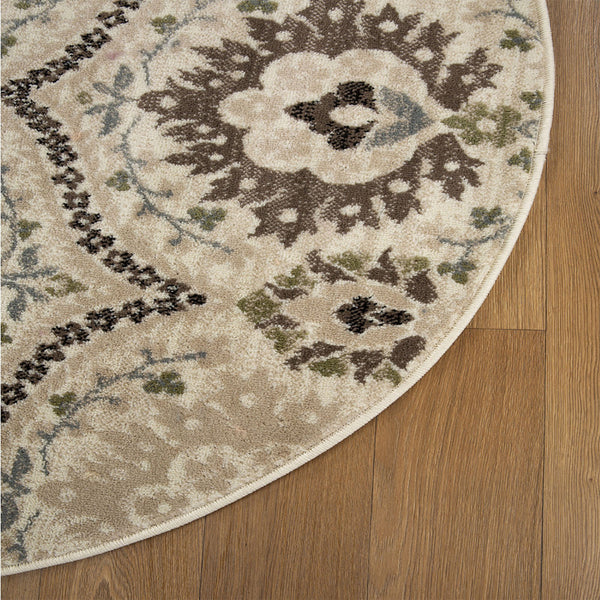 Homeroots 5' Round Ivory Gray And Olive Round Floral Stain Resistant Area Rug  Polypropylene 486700