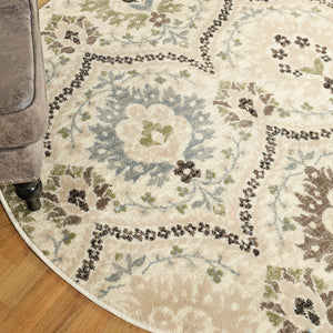 Homeroots 5' Round Ivory Gray And Olive Round Floral Stain Resistant Area Rug  Polypropylene 486700
