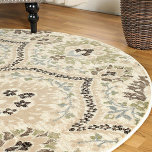 Homeroots 5' Round Ivory Gray And Olive Round Floral Stain Resistant Area Rug  Polypropylene 486700