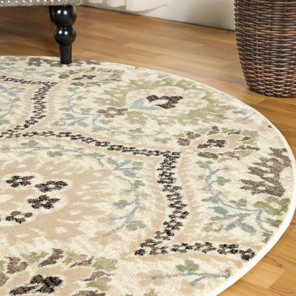 Homeroots 5' Round Ivory Gray And Olive Round Floral Stain Resistant Area Rug  Polypropylene 486700