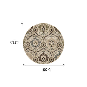 Homeroots 5' Round Ivory Gray And Olive Round Floral Stain Resistant Area Rug  Polypropylene 486700