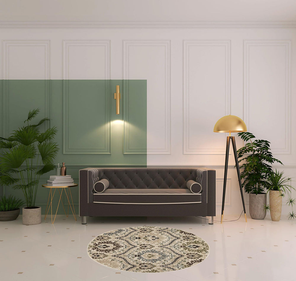 Homeroots 5' Round Ivory Gray And Olive Round Floral Stain Resistant Area Rug  Polypropylene 486700