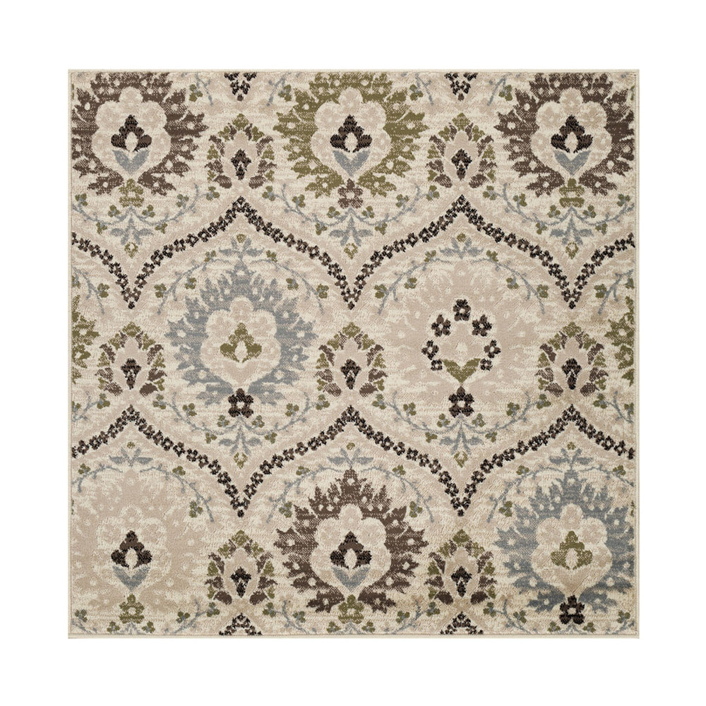 Homeroots 5' Square Ivory Gray And Olive Square Floral Stain Resistant Area Rug  Polypropylene 486701