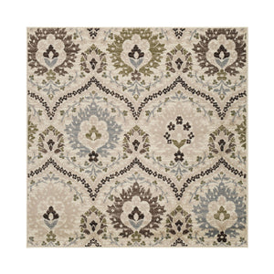 Homeroots 5' Square Ivory Gray And Olive Square Floral Stain Resistant Area Rug  Polypropylene 486701