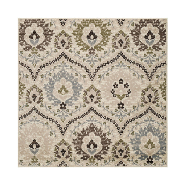 Homeroots 5' Square Ivory Gray And Olive Square Floral Stain Resistant Area Rug  Polypropylene 486701