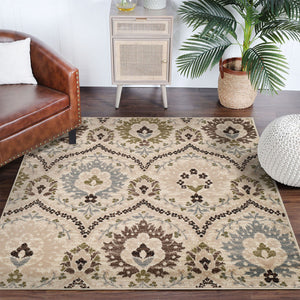 Homeroots 5' Square Ivory Gray And Olive Square Floral Stain Resistant Area Rug  Polypropylene 486701