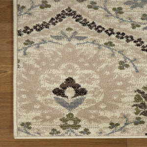 Homeroots 5' Square Ivory Gray And Olive Square Floral Stain Resistant Area Rug  Polypropylene 486701