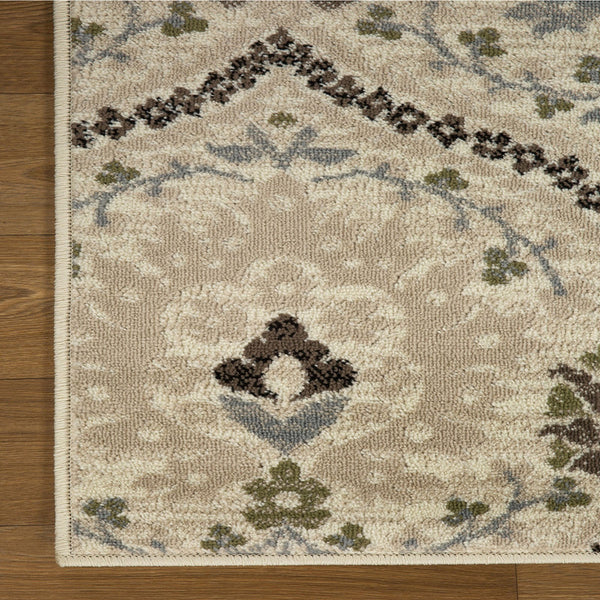 Homeroots 5' Square Ivory Gray And Olive Square Floral Stain Resistant Area Rug  Polypropylene 486701