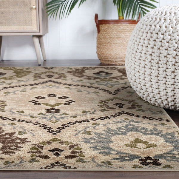 Homeroots 5' Square Ivory Gray And Olive Square Floral Stain Resistant Area Rug  Polypropylene 486701