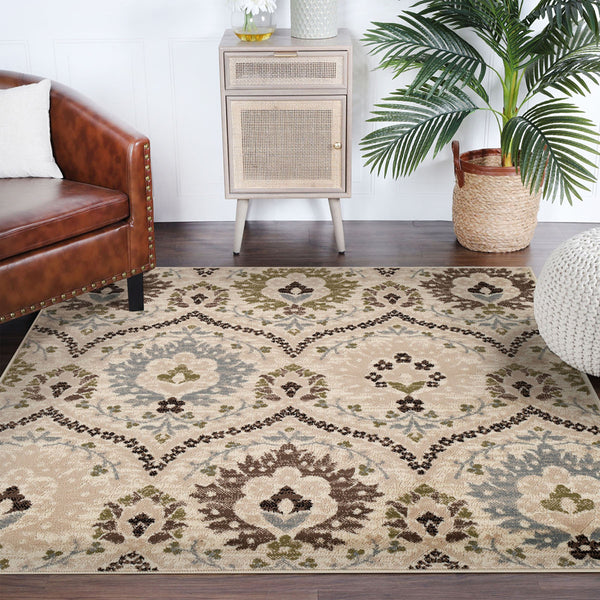 Homeroots 5' Square Ivory Gray And Olive Square Floral Stain Resistant Area Rug  Polypropylene 486701