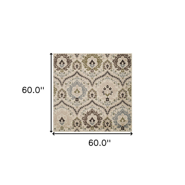 Homeroots 5' Square Ivory Gray And Olive Square Floral Stain Resistant Area Rug  Polypropylene 486701
