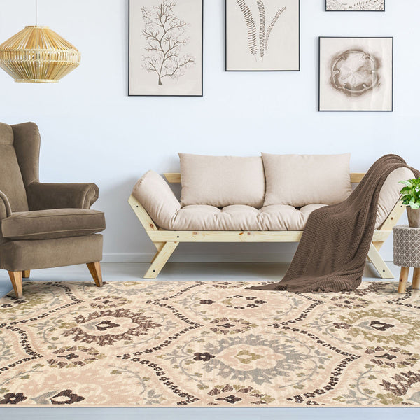 Homeroots 5' X 8' Ivory Gray And Olive Floral Stain Resistant Area Rug  Polypropylene 486702