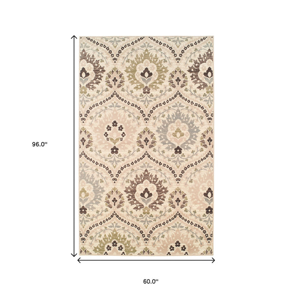 Homeroots 5' X 8' Ivory Gray And Olive Floral Stain Resistant Area Rug  Polypropylene 486702