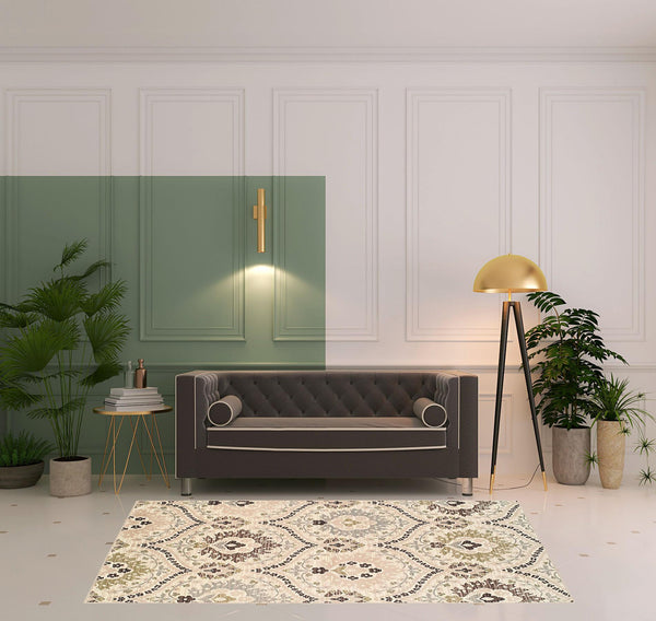 Homeroots 5' X 8' Ivory Gray And Olive Floral Stain Resistant Area Rug  Polypropylene 486702