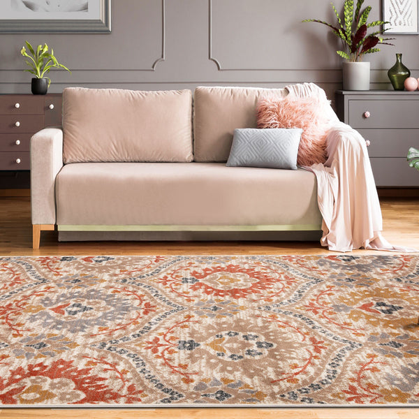 Homeroots 5' X 8' Ivory Orange And Gray Floral Stain Resistant Area Rug  Polypropylene 486705