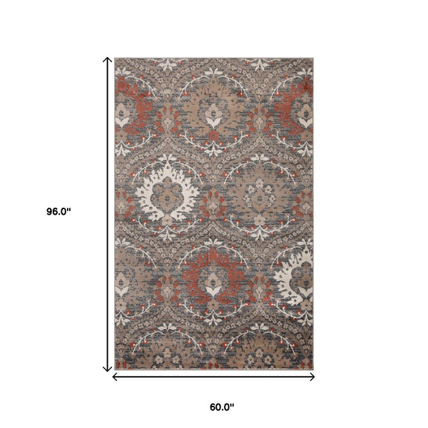 Homeroots 5' X 8' Rust Floral Stain Resistant Area Rug  Polypropylene 486708