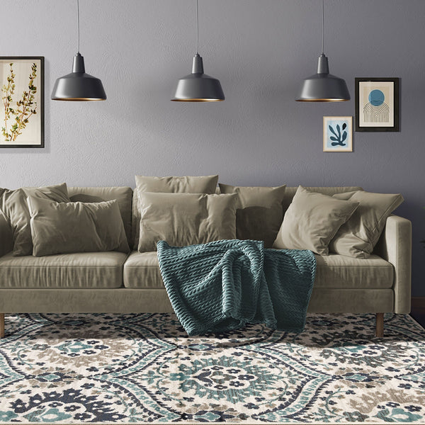 Homeroots 7' X 9' Ivory Blue And Gray Floral Stain Resistant Area Rug  Polypropylene 486713