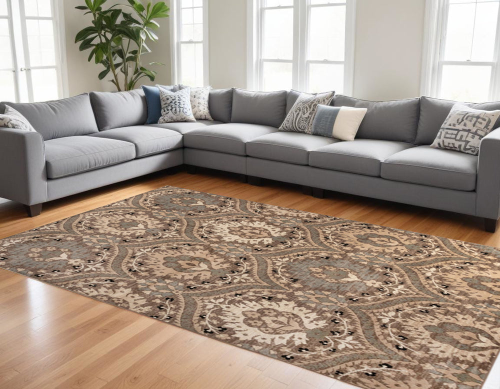 Homeroots 7' X 9' Ivory Beige And Light Blue Floral Stain Resistant Area Rug  Polypropylene 486715