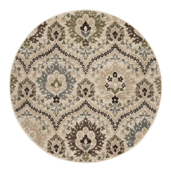 HomeRoots 8' Floral Area Rug in Brown, Beige & Gray - Durable, Stain-Resistant Design for Timeless Elegance 8' Round 486717