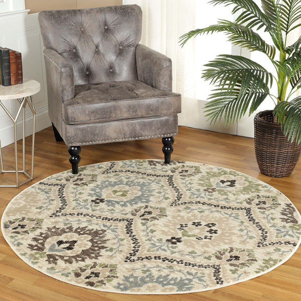 HomeRoots 8' Floral Area Rug in Brown, Beige & Gray - Durable, Stain-Resistant Design for Timeless Elegance 8' Round 486717